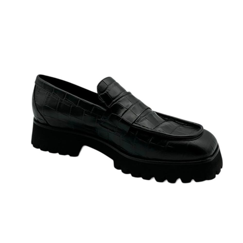 Freda Salvador Hana Loafer Croc Embossed Leather Black Lug Sole 9.5